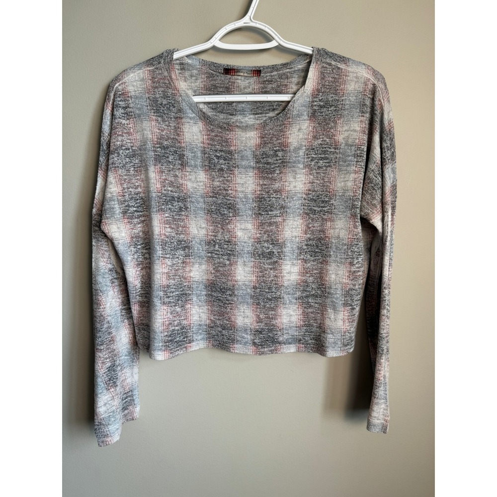 Gaze USA Plaid‎ Crop Top Long Sleeve Knit Shirt Small Grunge Indie Preppy Light
